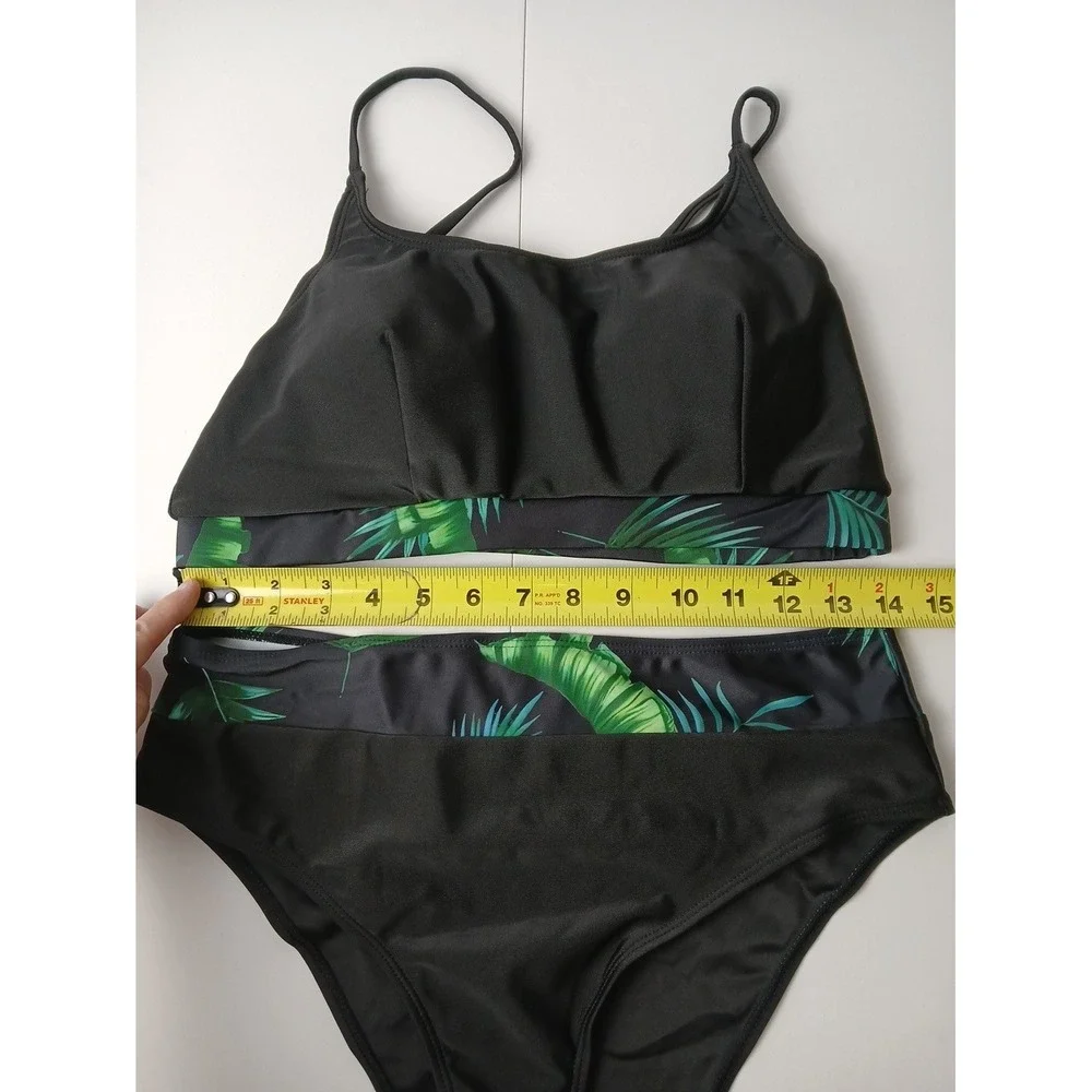 3-Piece High Waisted Bikini Set with Tropical Palm Leaf Kimono Cover Up Large